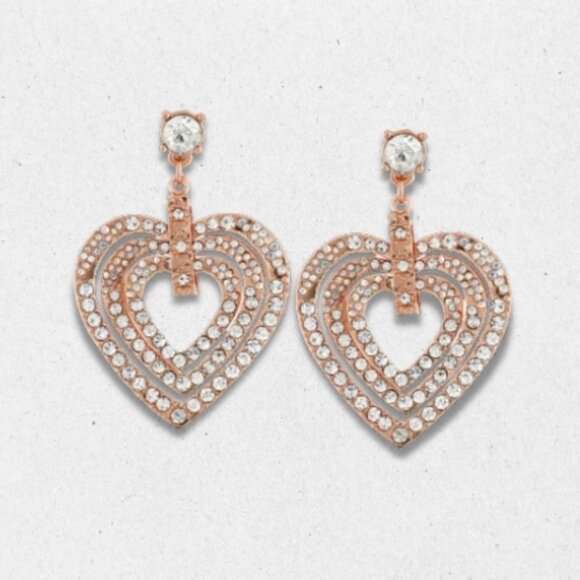 Betsey Johnson Pierced Earrings Rhinestone Double Heart Drop Metal Gold Women's - Picture 1 of 4